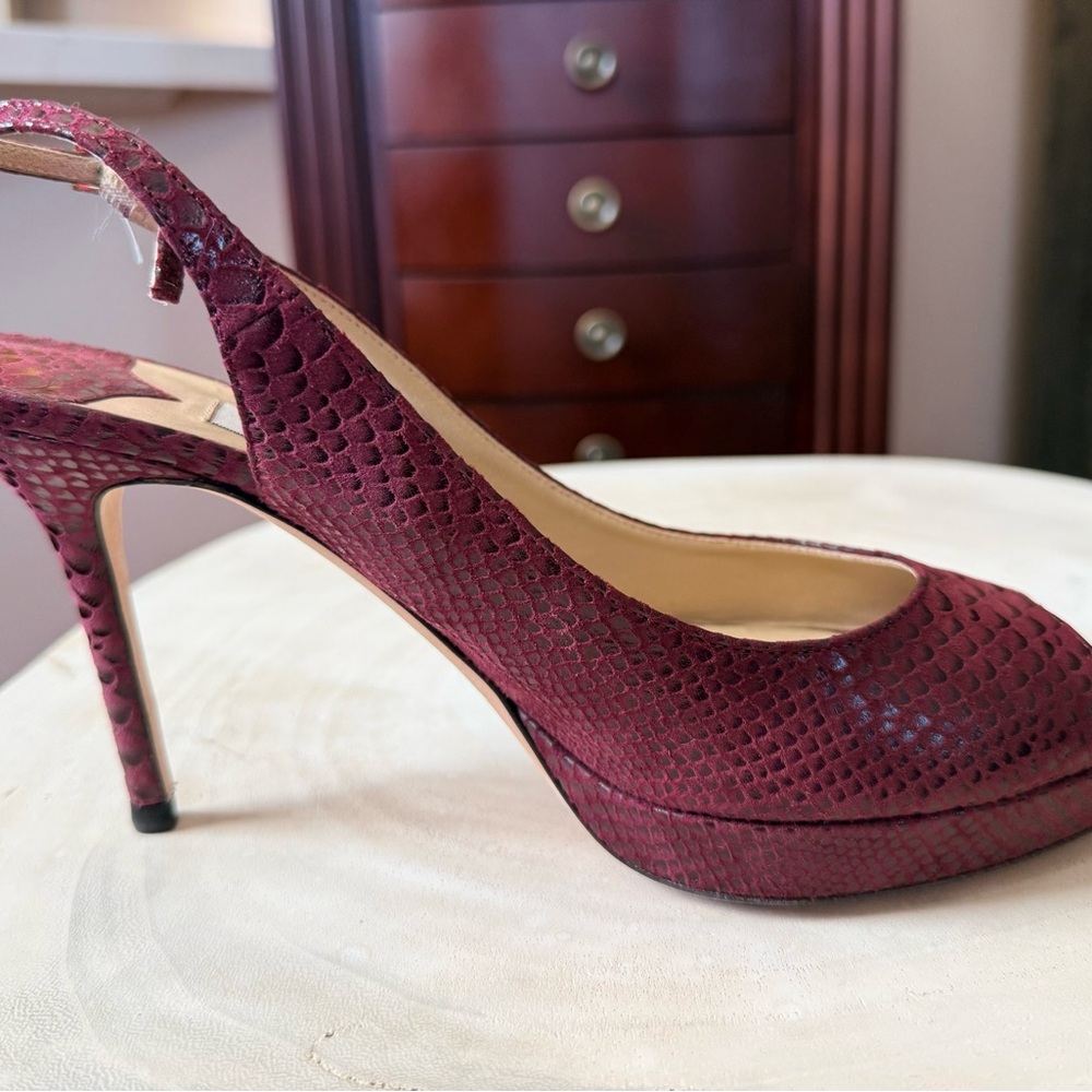 Jimmy Choo Maroon Snake Skin Textured Open Toe Slingback platform Heels 39
